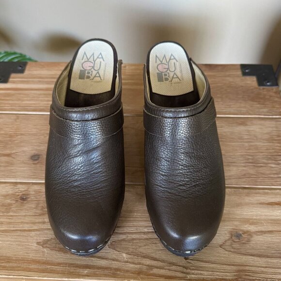 Maguba Stockholm Olive Green Genuine Leather Dark Wood Heeled Mule Clog Size 6 - Picture 4 of 15
